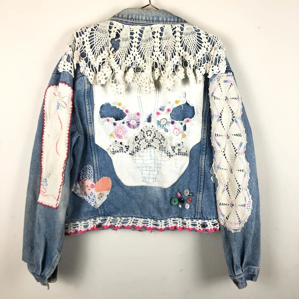 Embellished Blue Jean Jacket Crochet Patchwork - Picture 3 of 14